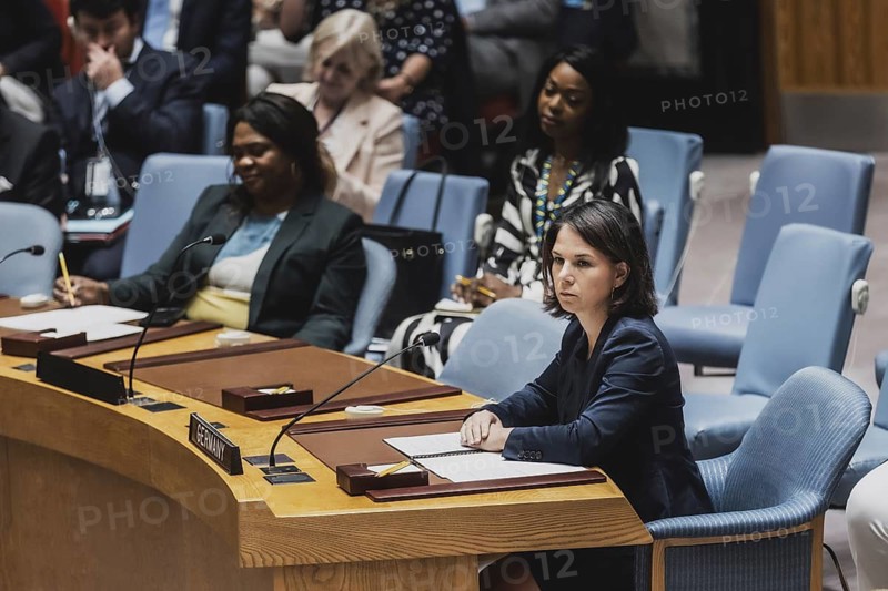 Annalena Bärbock (Bündnis 90 Die Grünen), Federal Minister for Foreign Affairs, photographed at the UN Security Council Meeting and Consultation on the Situation in Ukraine in New York City, 17.07.2023. Annalena Bärbock travels to New York to attend the ceremony marking the 25th anniversary of the Rome Statute of the International Court of Justice., New York City, United States