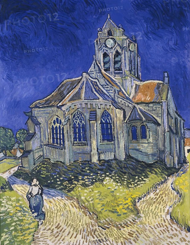 The church of Auvers-sur-Oise, L'Église d'Auvers-sur-Oise, vue du chevet, a famous oil painting by Vincent van Gogh from 1890, Painting by Vincent Willem van Gogh (born 30 March 1853 in Groot-Zundert, died 29 July 1890 in Auvers-sur-Oise), Dutch painter and draughtsman, one of the founders of modern painting, Illustration, Reproduction from a painting. Authentic, exact date of original unknown, Historical, A Gothic church under a deep blue night sky, surrounded by a path and fields