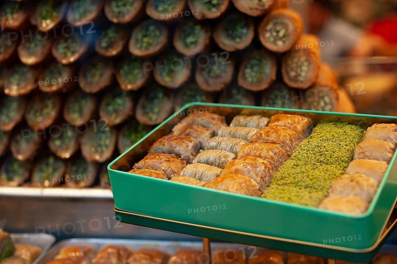Istanbul, Turkey. June 7th 2019 Turkish Baklava displayed in a shop window along Istiklal street, Taksim, Istanbul, Turkey