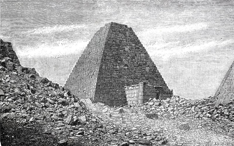 The pyramids near Begrawiya, Begranieh or Begarawiyah, historically Meroe in Sudan, a necropolis that served as a cemetery for the rulers of the ancient Kushite Empire of Meroe, 1896, illustration, reproduction from a model from the 19th century. Authentic, file restored for optimal use, exact date of original unknown, historic, lonely pyramid surrounded by piles of stones and ruins