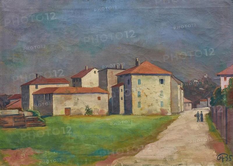 Karl Christian Ludwig Hofer, also Carl Hofer (born 11 October 1878, died 3 April 1955), German painter of Expressionism and Expressive Realism. Here his work Ticino landscape, Ticino countryside Switzerland (1935), Painting, Reproduction of the painting, Original condition, Work of art, Historical, Village view with several buildings along a path under a blue sky