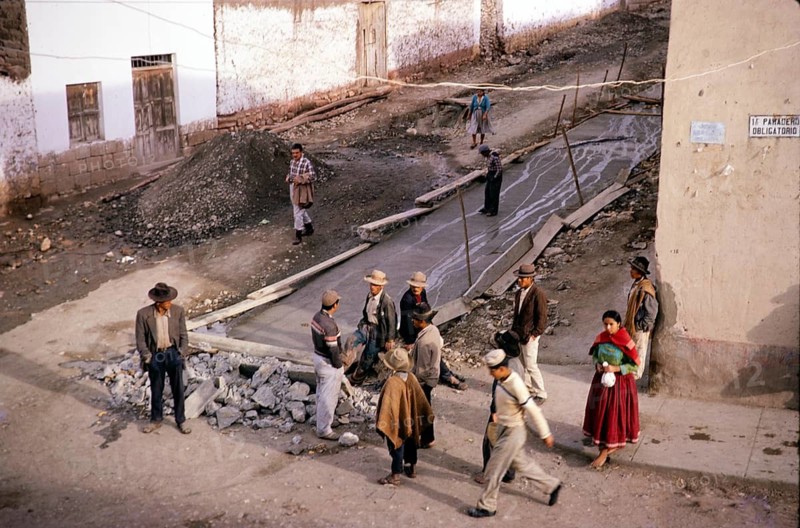 Street scene with pedestrians and a new road under construction, Andaluaylas, Peru, South America 1962