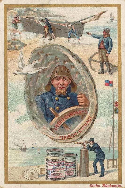 Picture series Situations at sea, helmsman, policeman observing smugglers' boat, Liebig picture, digitally restored reproduction of a collector's picture from around 1900, public domain, exact date unknown, sailors at work at sea with a large portrait of a sailor in the shape of a shell