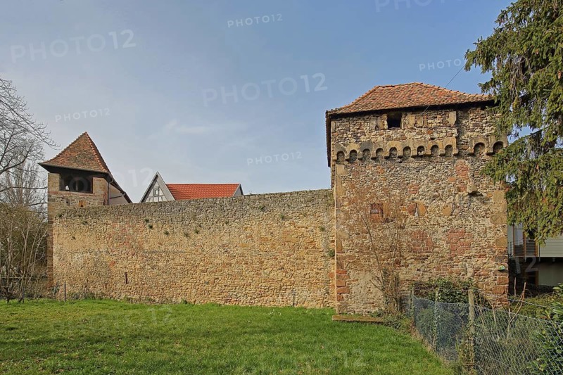 Casino tower and cannon tower with historic city wall, city fortifications, defensive towers, city tower, Freinsheim, Rhineland-Palatinate, Germany