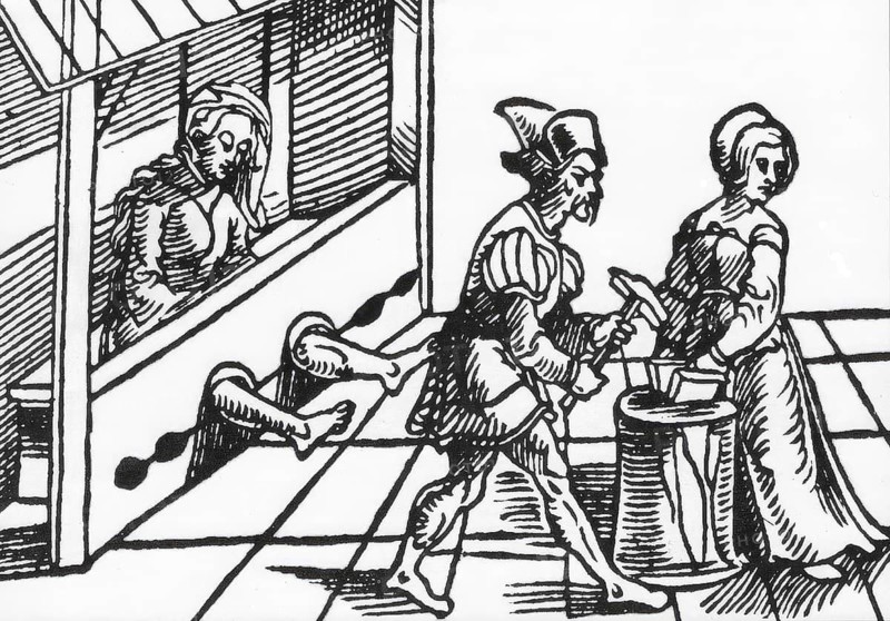 Torture of a witch during a highly embarrassing interrogation. Her hands are squeezed between wedges, torturer, another woman is trapped in the stretching board, c. 1700, Germany, Historic, digitally restored reproduction from an original of the period