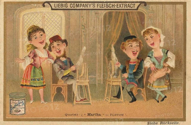 Picture series Singing groups, quartet, Martha von Flotow sings, Liebig picture, digitally restored reproduction of a collector's picture from ca 1900, public domain, exact date unknown, cheerful quartet in baroque surroundings with Liebig's product advertisement