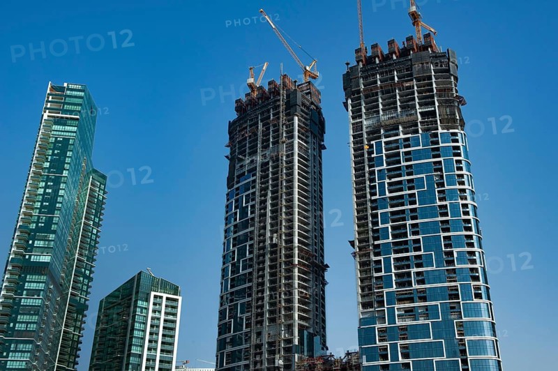 Dubai, United Arab Emirates. July 2nd 2019 Modern skyscraper apartment complex buildings under construction on the sea front, Dubai, United Arab Emirates