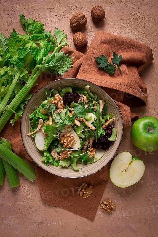 Fresh, Waldorf salad, celery stalk with chicken, apple and walnut, grapes, herbs, homemade, no people