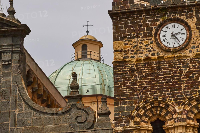 Church clock, steeple, detail, Randazzo, town, Nebrodi National Park, Sicily, Italy