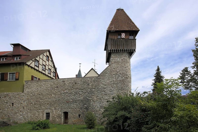 Historic stork tower with city wall, Tiengen, Southern Black Forest, Black Forest, Baden-Württemberg, Germany