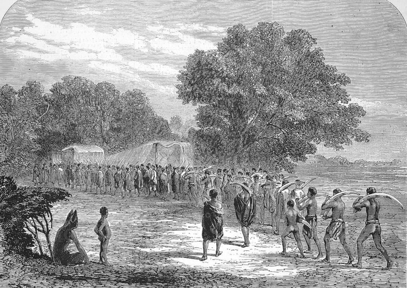 Ivory trade in South Africa, locals carry elephant tusks to a buying place, 1869, South Africa, Historic, digitally restored reproduction of an original 19th century artwork, exact original date unknown