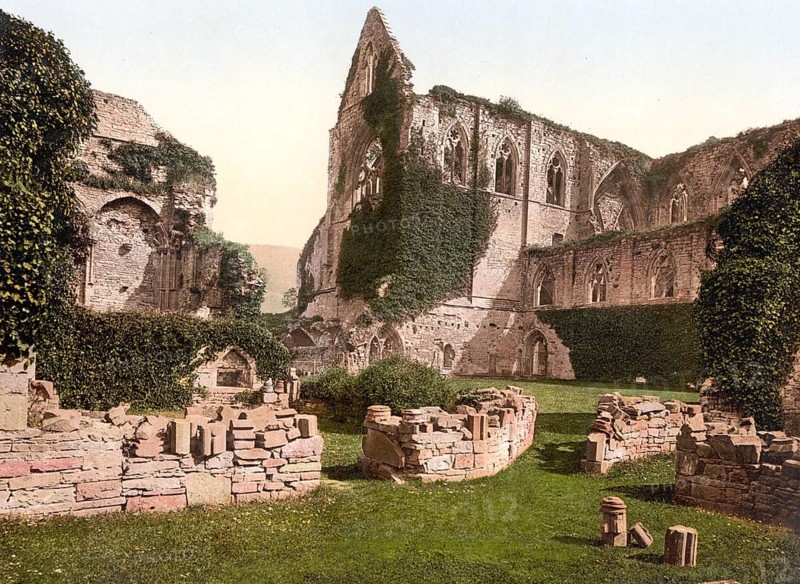 Tintern Abbey, a ruined abbey in the Welsh Wye Valley near the village of Tintern, Wales, Historic, digitally restored reproduction from a 19th century original, 1880, Record date not stated