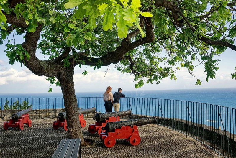 Fortress of Faial with cannons and view of the sea, Miradouro do Fortim, Madeira, Portugal