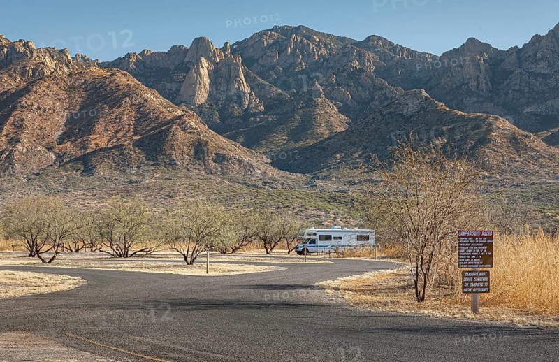 Motorhome parked at campground in Catalina State park near Tucson, Arizona, USA