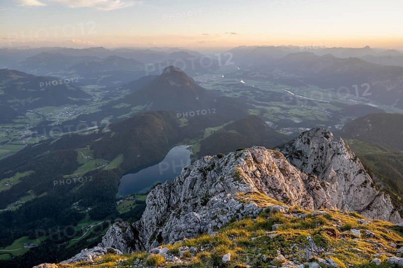 Evening mood View from Scheffauer on Hintersteiner See and Inntal, Kaisergebirge, Wilder Kaiser, Kitzbühler Alpen, Tyrol, Austria