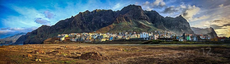 Wide view, panorama of Ponta do Sol, a picturesque coastal town with mountains in the background, evening light, Ponta do Sol, Santo Antao, Cabo Verde, Cape Verde, Cape Verde