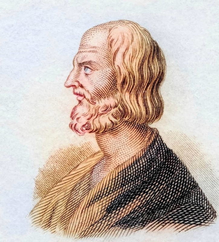 Hesiod, (born in front of 700 BC, probably in Askra in Boeotia) was a Greek poet who lived as a farmer and livestock owner. Hesiod's works are, along with Homer's Iliad and Odyssey, the main sources for our modern knowledge of Greek mythology, coloured woodcut from Crabbe's Historical Dictionary from 1825, Historical, digital reproduction