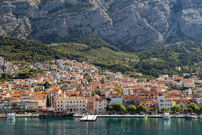 City view of Makarska and the Biokovo Mountains, Croatia