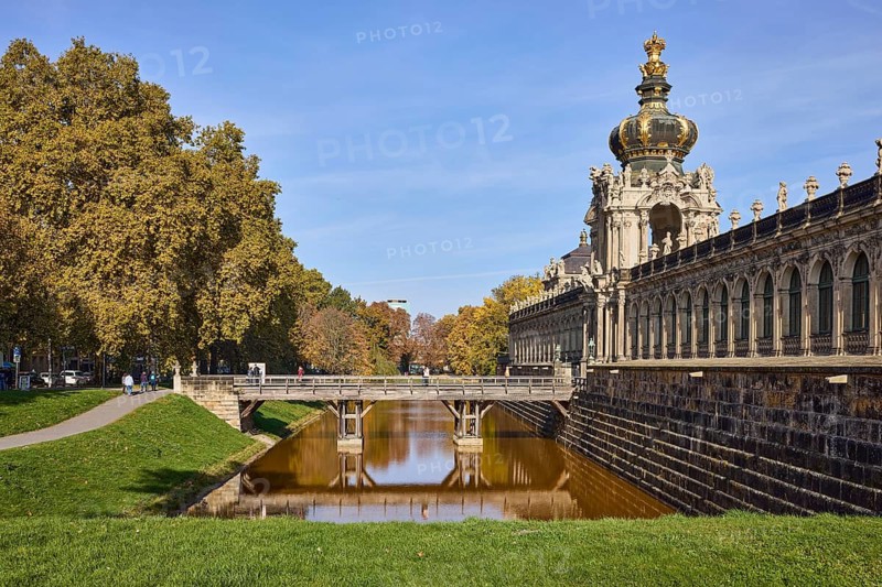 Dresden Zwinger, Crown Gate with bridge, moat, reflections on the water surface, trees, Dresden, state capital, independent city, Saxony, Germany