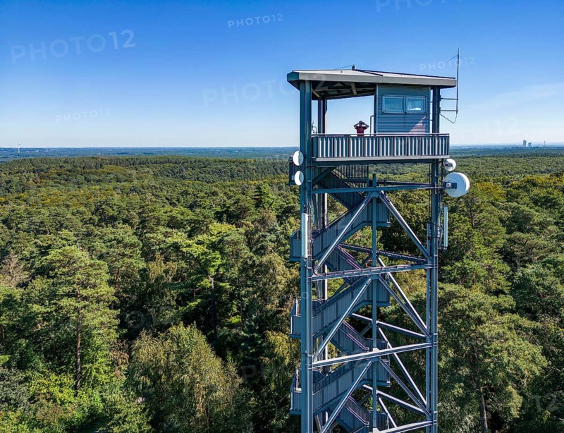 Fire watch tower on the Rennberg, near Flaesheim, Haltern am See, in the Haard forest area, one of 3 fire watch towers in the region, manned from April to October in dry weather conditions, part of the fire monitoring system, North Rhine-Westphalia, Germany