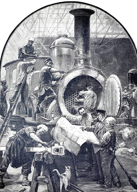 Historical scene of locomotive construction from the 19th century, from the famous painting cycle Life Story of a Locomotive by Paul Meyerheim, Montagehalle der Borsigwerke in Chausseestraße, 1880, Berlin, Germany, illustration, reproduction from a model from the 19th century. Authentic, file restored for optimal use, exact date of submission unknown, historical