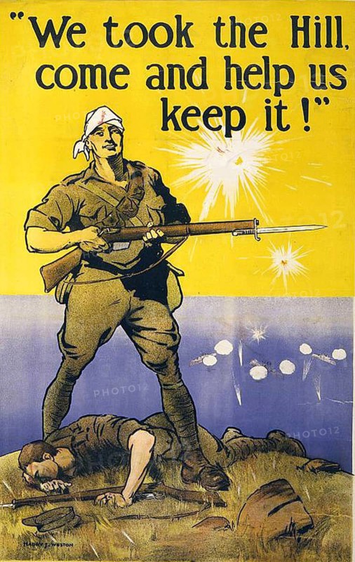 We have taken the hill, come and help us keep it. Australian recruitment poster from the First World War, 1915, possibly referring to the Gallipoli Campaign (Dardanelles) . HJ Watson (1874-1938), Australian artist. Soldier dead, wounded, naval bombardment