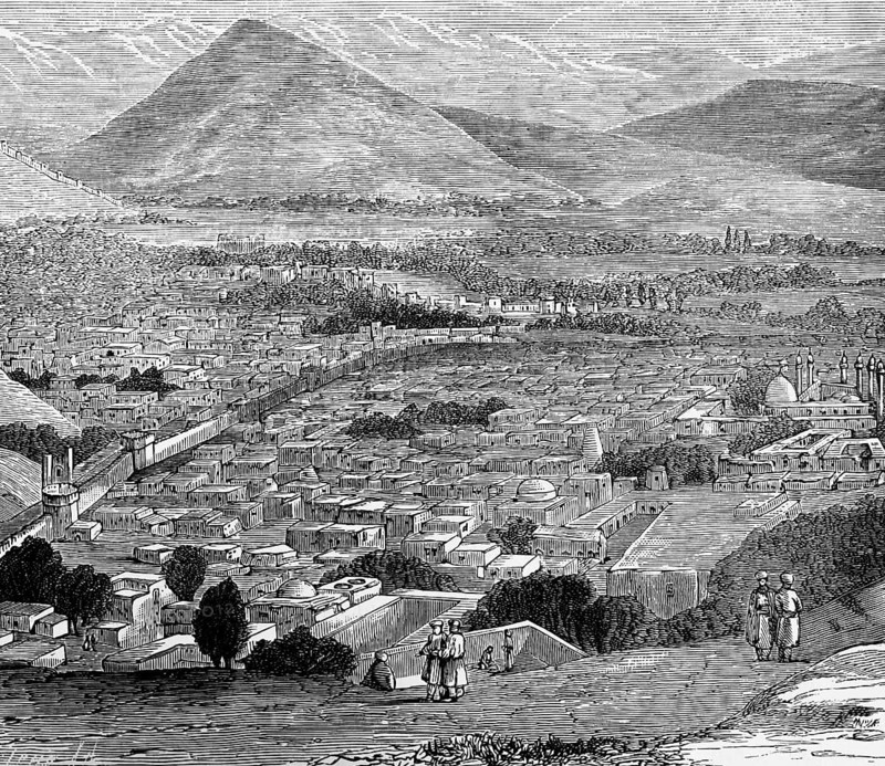 Cityscape of Kabul in the 19th century, view from above, capital, mosque, minarets, mountain landscape, people, travelling in Asia, Afghanistan, historical illustration 1887