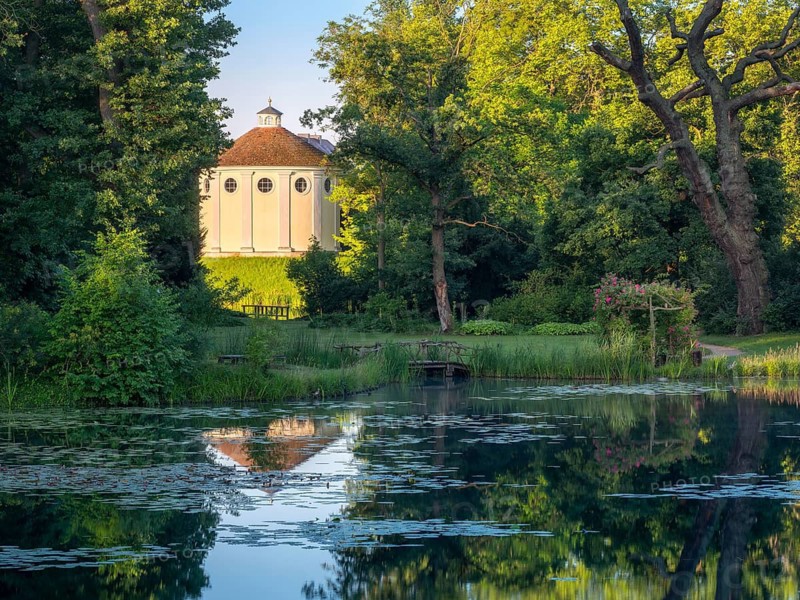 The synagogue in Wörlitz Park, water lilies in front, Garden Kingdom Dessau-Wörlitz, Wörlitz, Saxony-Anhalt Germany
