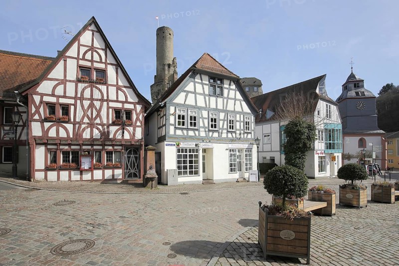 Werneplatz with half-timbered houses, castle and valley church, Eppstein, Taunus, Hesse, Germany