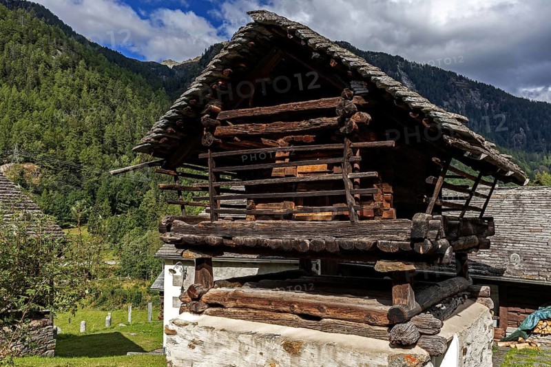 Characteristic old building made of stone and wood, Mogno, near Fusio, Lavizzara, Canton Ticino, Switzerland