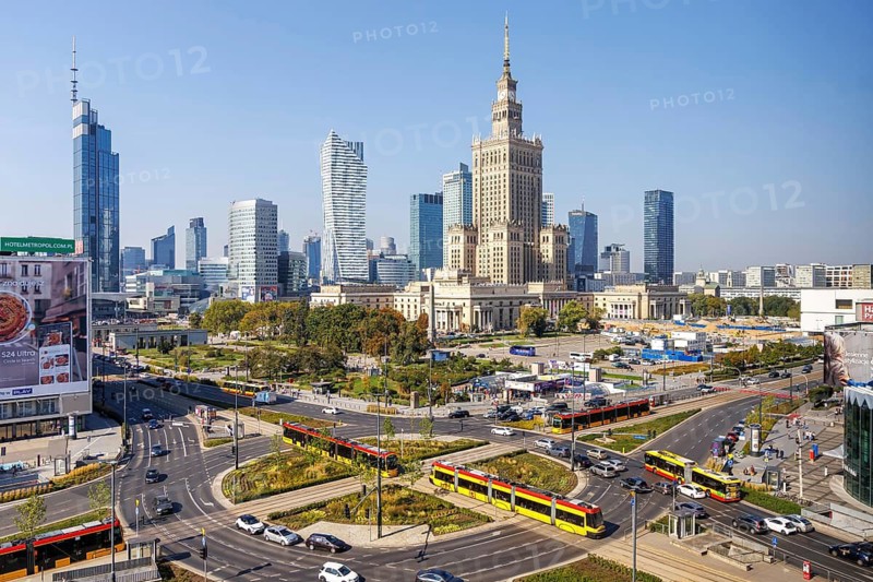 Warsaw skyline skyscrapers with Palace of Culture and trams in the city centre in Warsaw, Poland