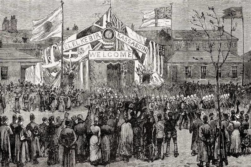 Royal Marine Light Infantry return to Chatham after the Battle of Tel-el-Kebir on 13th September 1882, Egyptian War, From British Battles on Land and Sea, by James Grant