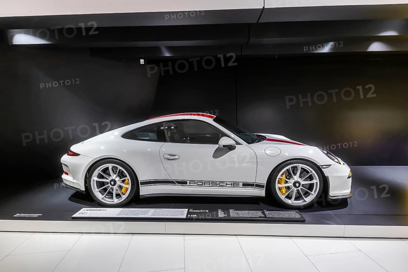 Porsche Museum Stuttgart-Zuffenhausen. Porsche 911 R built in 2016. The automotive museum of Dr. Ing. h.c. F. Porsche AG shows racing cars and iconic cars from automotive history. interior view. Stuttgart, Baden-Württemberg, Germany