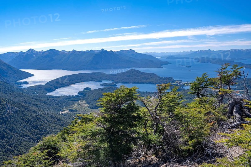 View from the summit of Cerro Goye of the lakes and mountains of the Andes in Nahuel Huapi National Park, Bariloche, Patagonia, Argentina