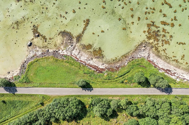 Aerial view of a bay at the Raftsund, road with trees, fjord between Lofoten and Vesteralen, Norway