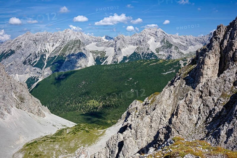 At the Hafelekar, view from the Karwendelblick of the Innsbruck Nordkette to the Karwendel mountains of the Alps, Alpine landscape, Innsbruck, Tyrol, Austria