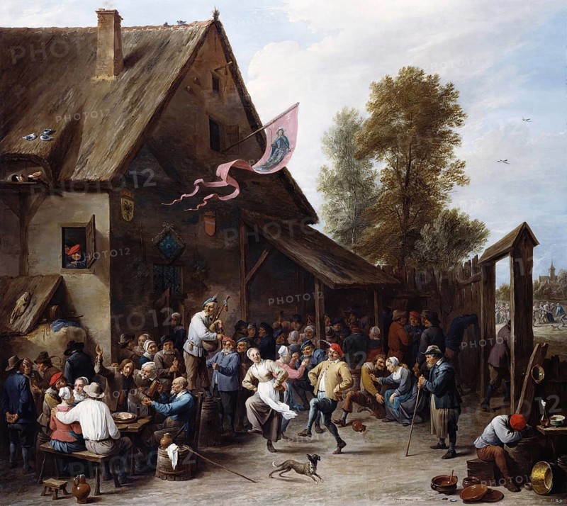 Kermes on St George's Day, painting by David Teniers (baptised 15 December 1610 in Antwerp, died 25 April 1690 in Brussels), Flemish painter, draughtsman and curator. He was an innovator in a variety of genres such as history painting, genre painting, landscape, portrait and still life. He is most remembered today as the leading Flemish genre painter of his time, reproduction from a 17th century painting. Authentic, file restored for optimal use, exact date of original unknown