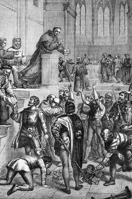 Martin Luther condemns the Roman Catholic ritual after the publication of his 95 theses in the castle church of Wittenberg in the state of Saxony-Anhalt in 1517, Germany, digital reproduction of a historical original