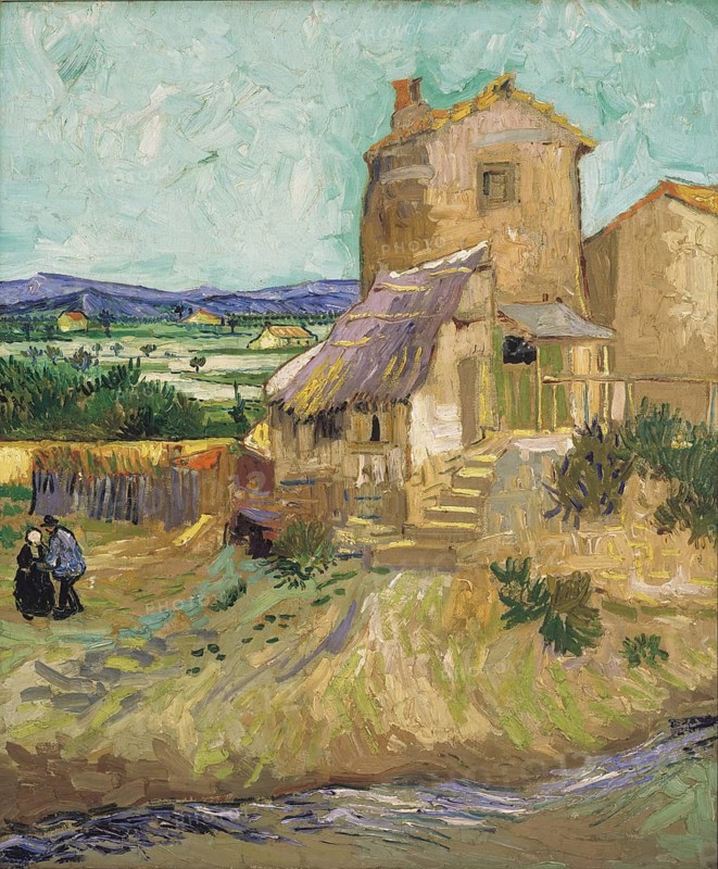 La maison de La Crau, The Old Mill (1888), Painting by Vincent Willem van Gogh (born 30 March 1853 in Groot-Zundert, died 29 July 1890 in Auvers-sur-Oise), Dutch painter and draughtsman, one of the founders of modern painting, Illustration, Reproduction from a painting. Authentic, exact date of the original unknown, Historical, Rustic house with thatched roof in a rural landscape, a couple standing near the fence