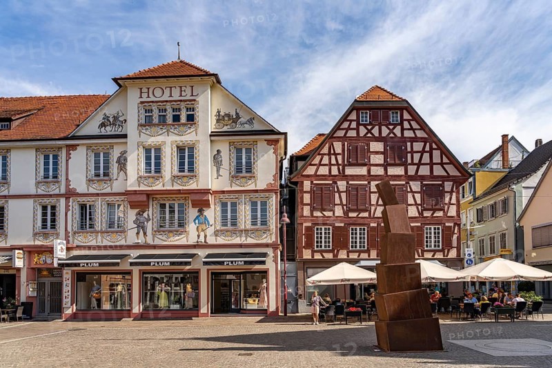 Cafe am Sonnenplatz and the former Hotel Sonne-Post in Lahr/Black Forest, Baden-Württemberg, Germany