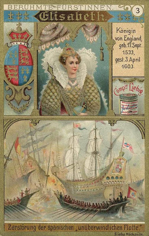 Picture series Famous Princesses, Elizabeth, Queen of England, Liebig picture, digitally restored reproduction of a collector's picture from around 1900, public domain, exact date unknown, Queen Elizabeth of England in front of a naval battle, representative depiction of the 16th century