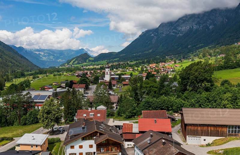 Drone image, view of the village with parish church, Braz, Klostertal, Vorarlberg, Austria