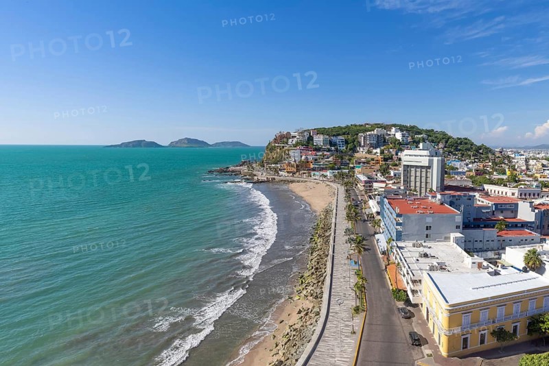 Panoramic view of scenic Mazatlan sea promenade and waterfront El Malecon with ocean lookouts, scenic landscapes and nearby islands