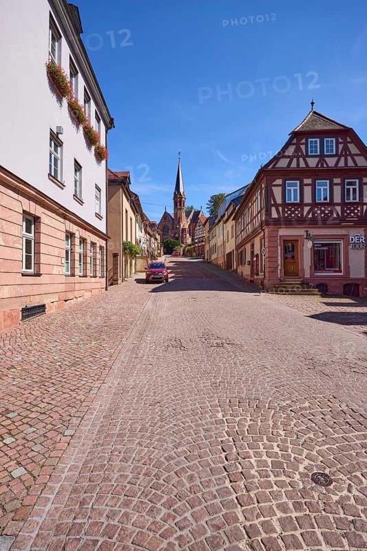 Untere Walldürner Straße with Evangelical Lutheran St John's Church in Miltenberg, Lower Franconia, Miltenberg district, Bavaria, Germany