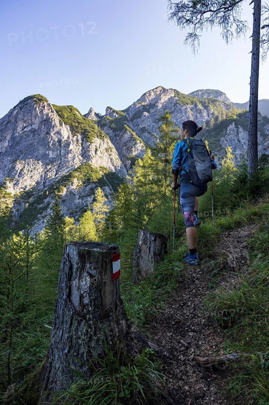 Hiker on the way to the Rinnkogel, Postalm, Osterhorn group, Salzkammergut, Salzburg province, Austria