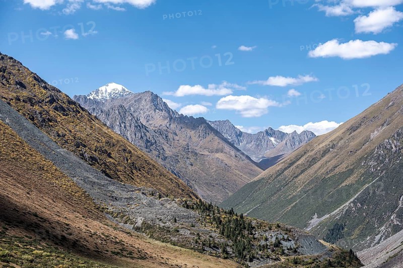Valley, picturesque mountain landscape with white mountain peaks, Tian Shan Mountains, Issyk-Kul, Kyrgyzstan