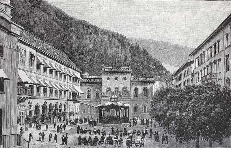 View of the town of Wildbad, spa square and royal spa hotel, 1895, Black Forest, Baden-Württemberg, Germany, reproduction of an original, around 1900, historical