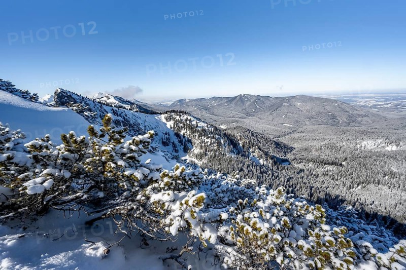 Ascent to Teufelsstättkopf, view of snow-covered mountain landscape, mountain panorama, Ammergau Alps, Bavaria, Germany