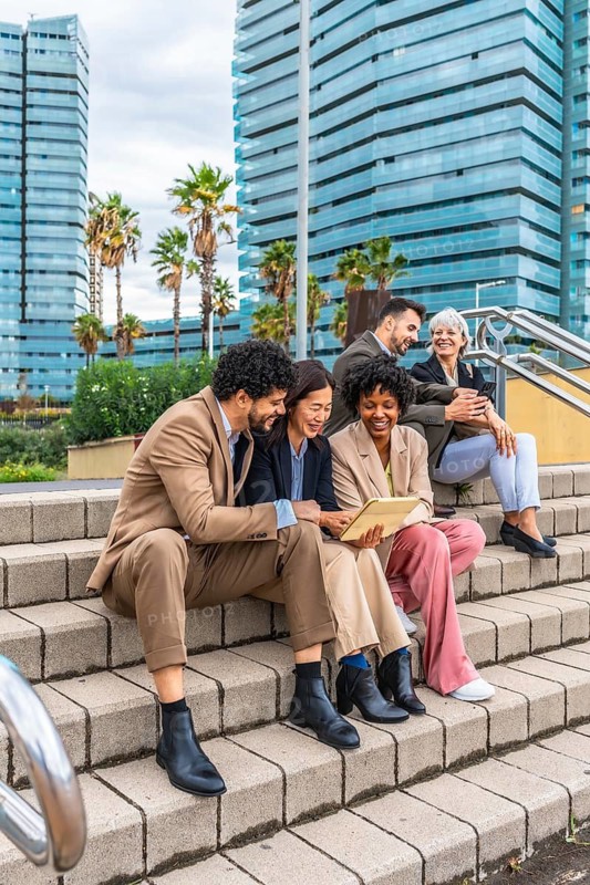 Vertical photo of a diverse group of business people working with digital tablet in the city