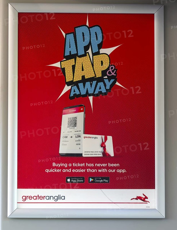 App Tap and Away, Greater Anglia railway poster for mobile phone application, UK